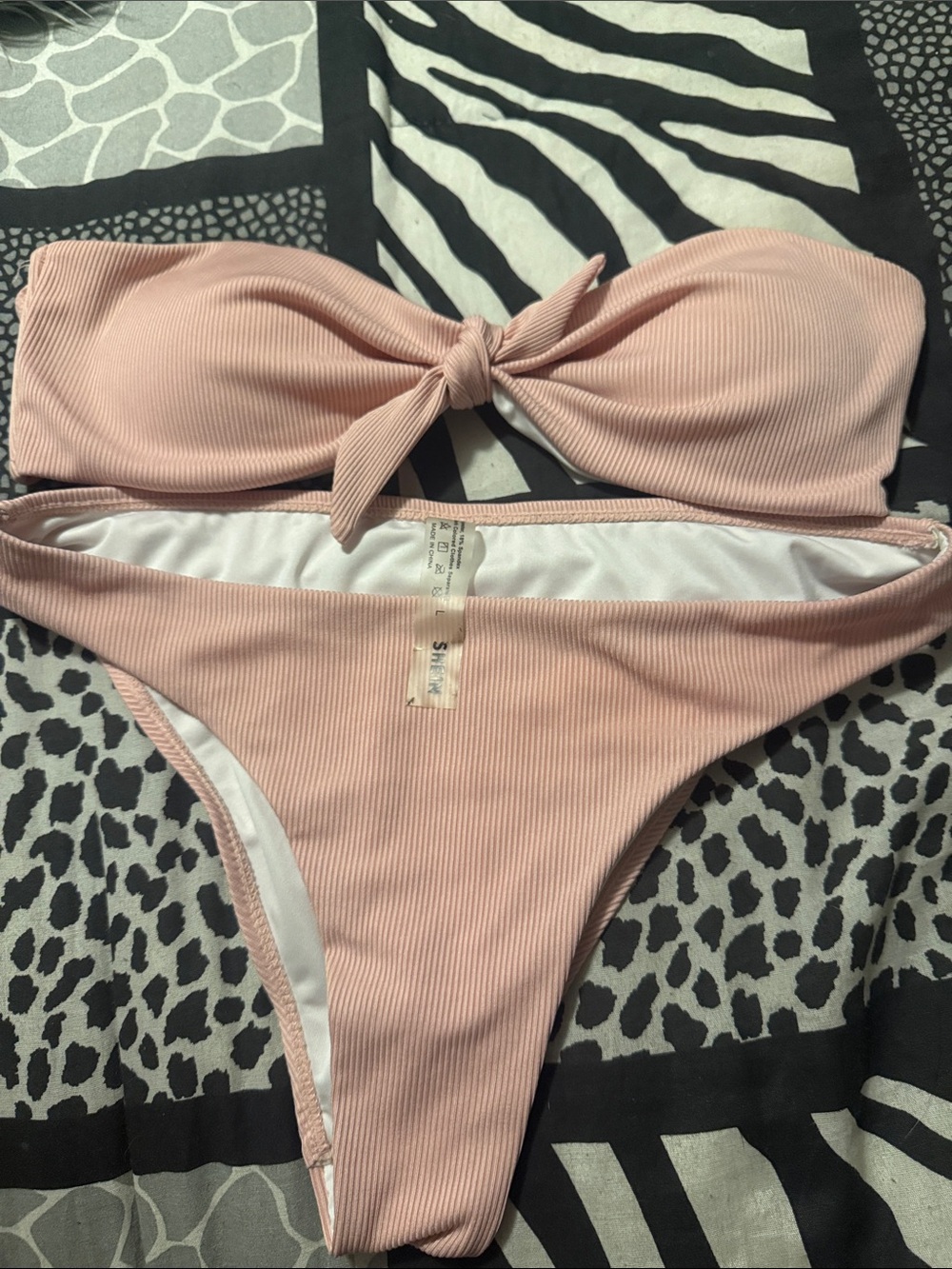 SHEIN Ribbed Bandeau Tie-Front Bikini Set in Blush Pink